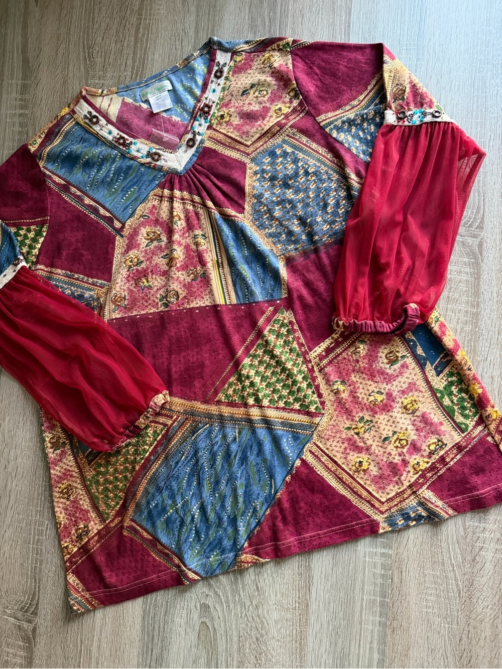 Ulla Popken Boho Patchwork Relaxed Fit V-Neck Tunic Burgundy Multi Size 20/22 - Picture 6 of 13